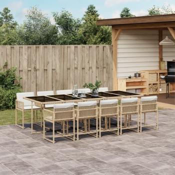 ARDEBO.de - 11-tlg. Garten-Essgruppe mit Kissen Beige Poly Rattan