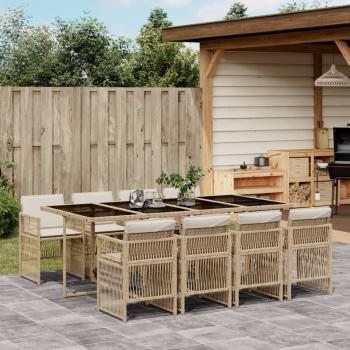 ARDEBO.de - 9-tlg. Garten-Essgruppe mit Kissen Beige Poly Rattan