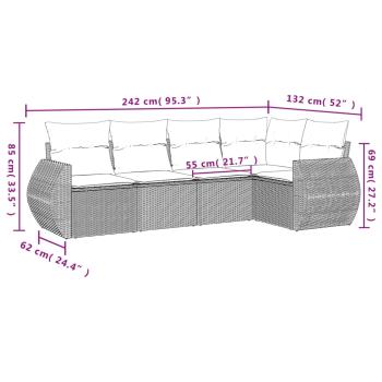 5-tlg. Garten-Sofagarnitur mit Kissen Braun Poly Rattan
