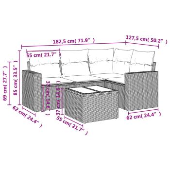 5-tlg. Garten-Sofagarnitur mit Kissen Braun Poly Rattan
