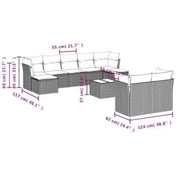 10-tlg. Garten-Sofagarnitur mit Kissen Braun Poly Rattan