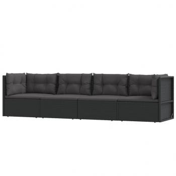 4-tlg. Garten-Lounge-Set mit Kissen Schwarz Poly Rattan