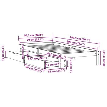 ARDEBO.de - Massivholzbett mit Schubladen 90x200 cm Kiefer