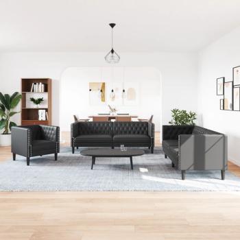 3-tlg. Chesterfield-Sofa-Set Schwarz Kunstleder