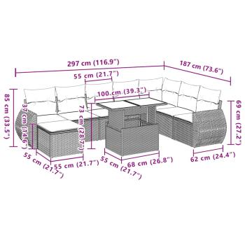 9-tlg. Garten-Sofagarnitur mit Kissen Braun Poly Rattan