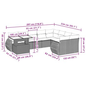 10-tlg. Garten-Sofagarnitur mit Kissen Braun Poly Rattan