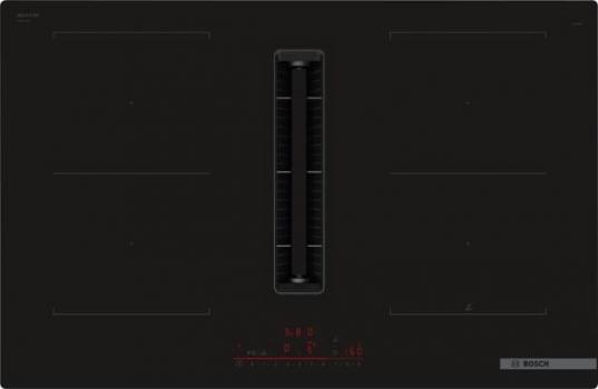 ARDEBO.de Bosch PVQ811HGA7 Serie 6 EEK:B Kochfeld mit Dunstabzug (HEZ9VDSB2 + PVQ811H26E ), 80 cm breit, 500 m³/h, Induktion, Flachkanal, DirectSelect, rahmenlos aufliegend, schwarz