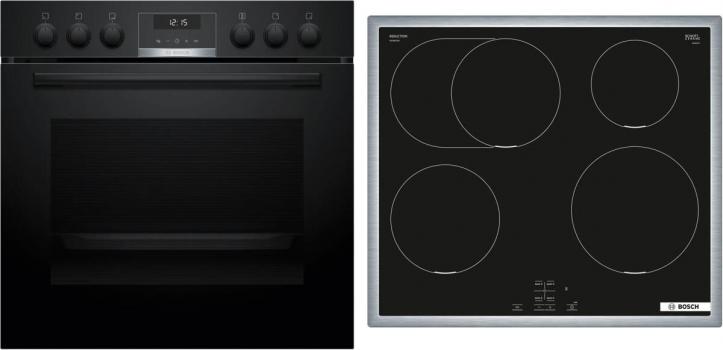 ARDEBO.de Bosch HND615LS62 EEK:A+ Einbau-Herd-Set mit Induktionskochfeld (HEG517BB4 + NIF645CB5E), 60 cm breit, 71 L, 3D-Heißluft, Hydrolytisch, Kindersicherung, Rahmen aufliegend, schwarz