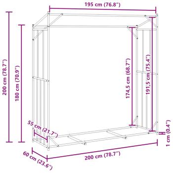 ARDEBO.de - Brennholzregal mit Regenschutz 200x60x200 cm Verzinkter Stahl