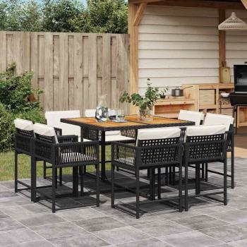 ARDEBO.de - 9-tlg. Garten-Essgruppe mit Kissen Schwarz Poly Rattan