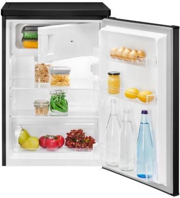 Bomann KS 7251 Stand Kühlschrank mit Gefrierfach, 55 cm breit, 109 L, LED Innenraumbeleuchtung, 2 Glasablagen, 3 Türablagen, Edelstahloptik-schwarz