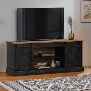 ARDEBO.de - TV-Schrank HALDEN 2 Schiebetüren Schwarz 150x40x60cm Massivholz