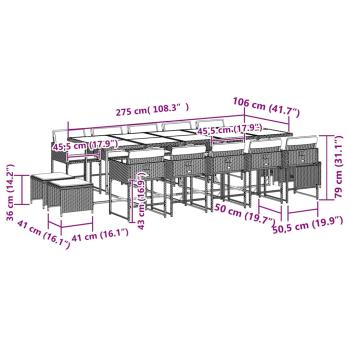 15-tlg. Garten-Essgruppe mit Kissen Grau Poly Rattan