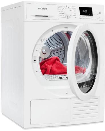 Exquisit TWP903-410 EEK: D 9kg Wärmepumpentrockner, 59,5 cm breit, 15 Programme, Knitterschutz, Restlaufzeitanzeige, Kindersicherung, Innenbeleuchtung, weiß