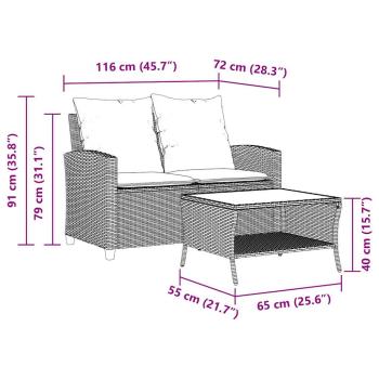 Gartensofa 2-Sitzer mit Kissen & Tisch Beige Poly Rattan