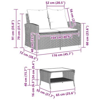 Gartensofa 2-Sitzer mit Kissen & Tisch Schwarz Poly Rattan