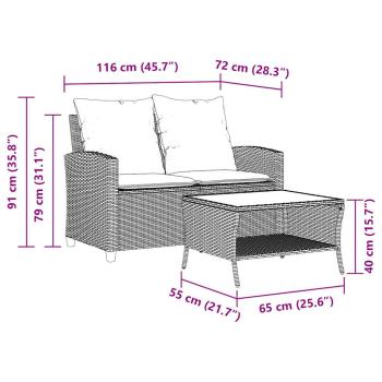 Gartensofa 2-Sitzer mit Kissen & Tisch Schwarz Poly Rattan