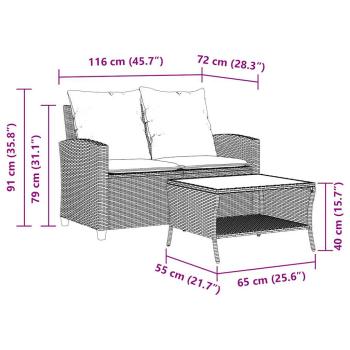 Gartensofa 2-Sitzer mit Kissen & Tisch Grau Poly Rattan