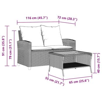 Gartensofa 2-Sitzer mit Kissen & Tisch Hellgrau Poly Rattan