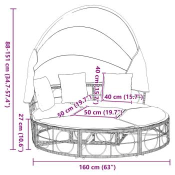 Outdoor-Loungebett mit Dach und Kissen Schwarz Poly Rattan