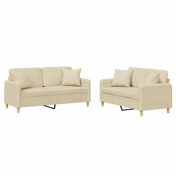 2-tlg. Sofagarnitur mit Kissen Creme Stoff