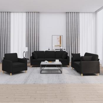 ARDEBO.de - 3-tlg. Sofagarnitur mit Kissen Schwarz Stoff