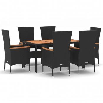 7-tlg. Garten-Essgruppe mit Kissen Schwarz Poly Rattan