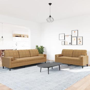 2-tlg. Sofagarnitur mit Kissen und Nackenrollen Braun Samt