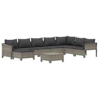 9-tlg. Garten-Lounge-Set mit Kissen Grau Poly Rattan