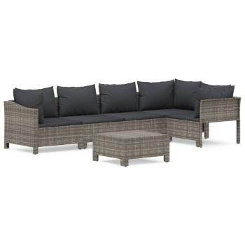 6-tlg. Garten-Lounge-Set mit Kissen Grau Poly Rattan