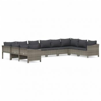 10-tlg. Garten-Lounge-Set mit Kissen Grau Poly Rattan