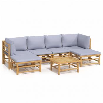 7-tlg. Garten-Lounge-Set mit Hellgrauen Kissen Bambus
