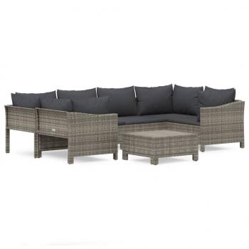 7-tlg. Garten-Lounge-Set mit Kissen Grau Poly Rattan