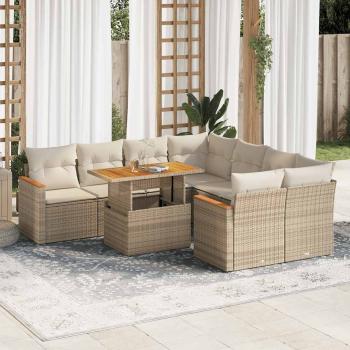 ARDEBO.de - 9-tlg. Garten-Sofagarnitur mit Kissen Beige Poly Rattan Akazie