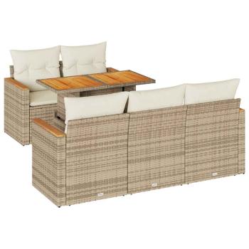 6-tlg. Garten-Sofagarnitur mit Kissen Beige Poly Rattan Akazie