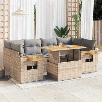 ARDEBO.de - 7-tlg. Garten-Sofagarnitur mit Kissen Beige Poly Rattan Akazie