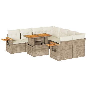 9-tlg. Garten-Sofagarnitur mit Kissen Beige Poly Rattan Akazie