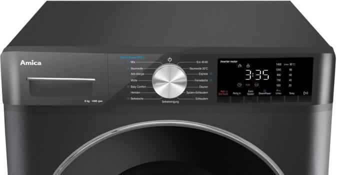 Amica WA 484 085 G 8kg Frontlader Waschmaschine, 60 cm breit, 1400 U/Min, AquaStop, LED-Display, AutoSensor Mengenautomatik, Kindersicherung, dunkelgrau (1194934)