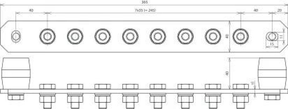 Dehn PAS I 8AP M10 Potentialausgleichsschiene, mit Federring, 8polig, 365 x 40 x 6 mm, V2A (472229)