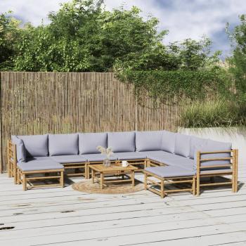 ARDEBO.de - 11-tlg. Garten-Lounge-Set mit Hellgrauen Kissen Bambus