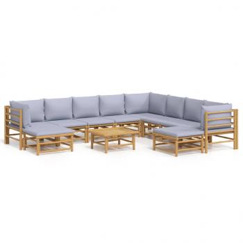 11-tlg. Garten-Lounge-Set mit Hellgrauen Kissen Bambus