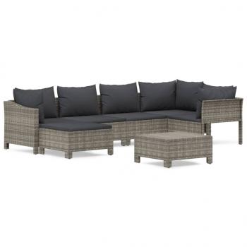 7-tlg. Garten-Lounge-Set mit Kissen Grau Poly Rattan