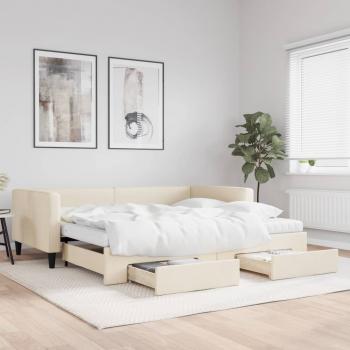 ARDEBO.de - Tagesbett Ausziehbar mit Schubladen Creme 100x200 cm Stoff