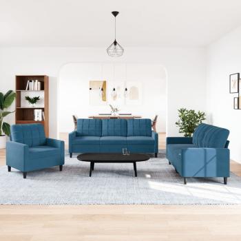3-tlg. Sofagarnitur mit Kissen Blau Samt