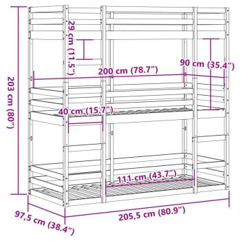 Dreifach-Etagenbett Wachsbraun 90x200 cm Massivholz Kiefer