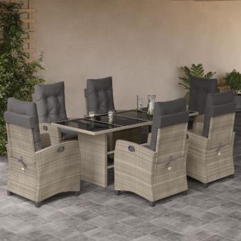 ARDEBO.de - 7-tlg. Garten-Essgruppe mit Kissen Hellgrau Poly Rattan
