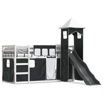 ARDEBO.de - Etagenbett mit Rutsche und Gardinen Weiß und Schwarz 90x200 cm