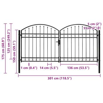 Zauntor Doppelflügel Gewölbte Spitze Stahl 300 x 125 cm Schwarz