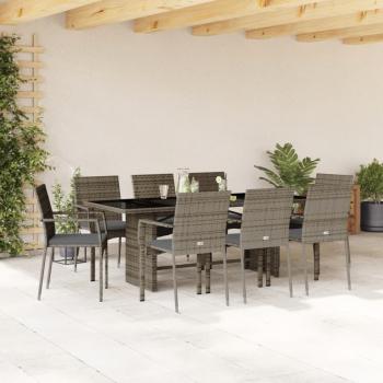 ARDEBO.de - 9-tlg. Garten-Essgruppe mit Kissen Grau Poly Rattan
