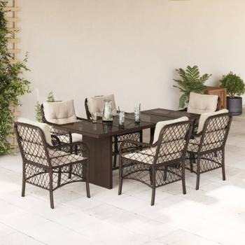 ARDEBO.de - 7-tlg. Garten-Essgruppe mit Kissen Braun Poly Rattan